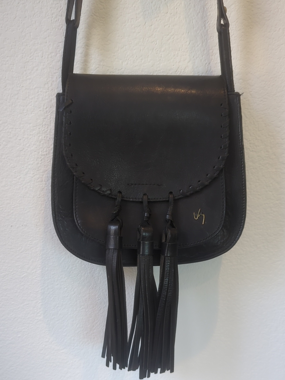 Black Genuine Leather Tassel Crossbody Bag